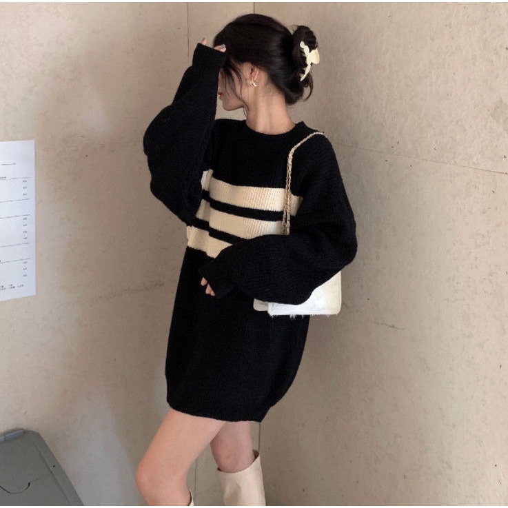 COZOK Áo thun tay dài dáng rộng kẻ sọc đa năng thời trang