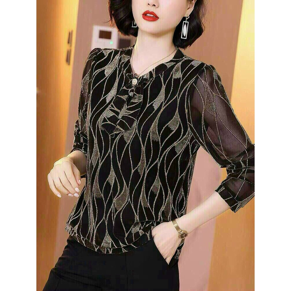 HÀNG QC - ÁO KIỂU THUN KIM TUYẾN HỌA TIẾT GỢN SÓNG CAO CẤP - ZBT63265