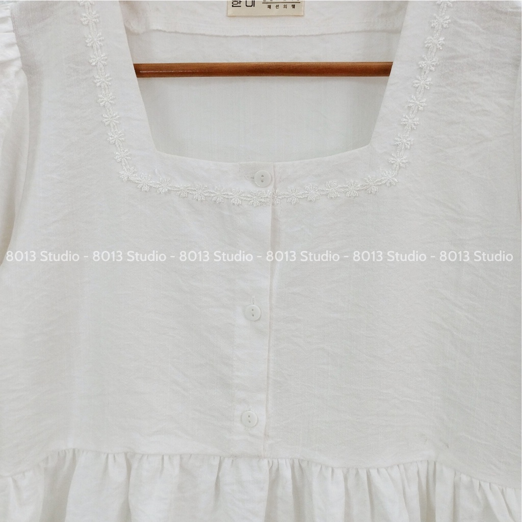 Áo Babydoll Nữ Cổ Vuông Trắng 8013 Studio