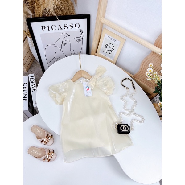 Váy tơ 2 lớp nơ vai + turban cho bé gái