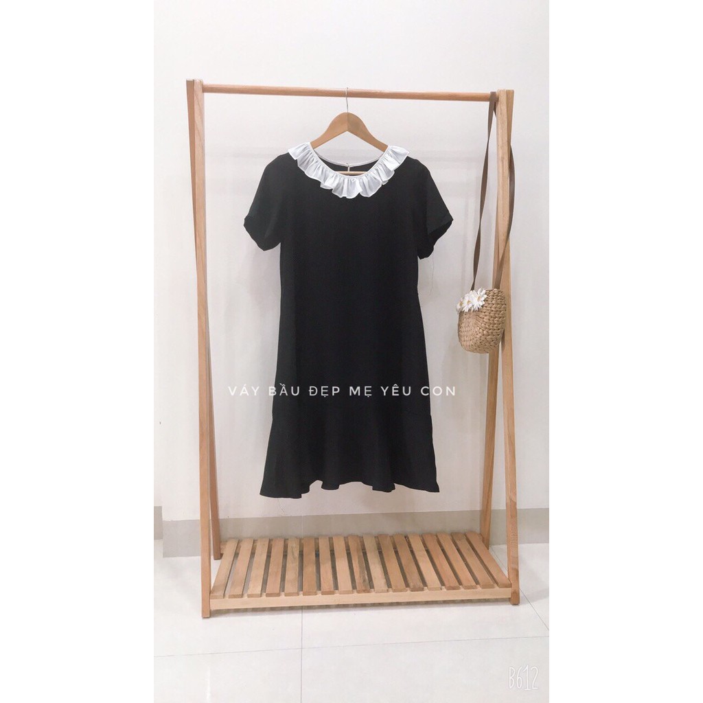 Váy bầu bigsize thiết kế GuMe dáng suông đuôi cá xéo phối cổ bèo chất vải sạn lụa cao cấp size từ 40-100kg MB241