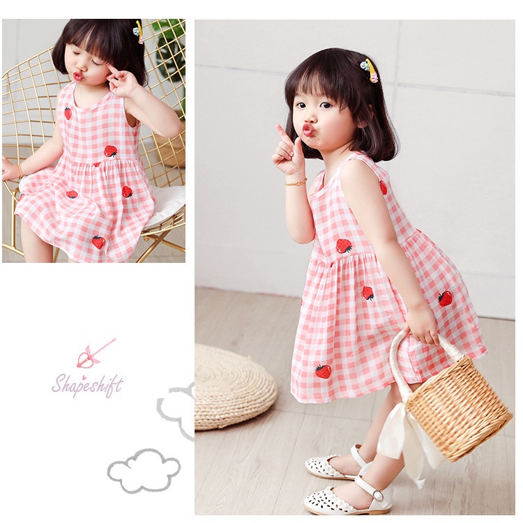 Đầm công chúa sát nách in hình trái cây động vật chất liệu cotton thời trang mùa hè cho bé gái
