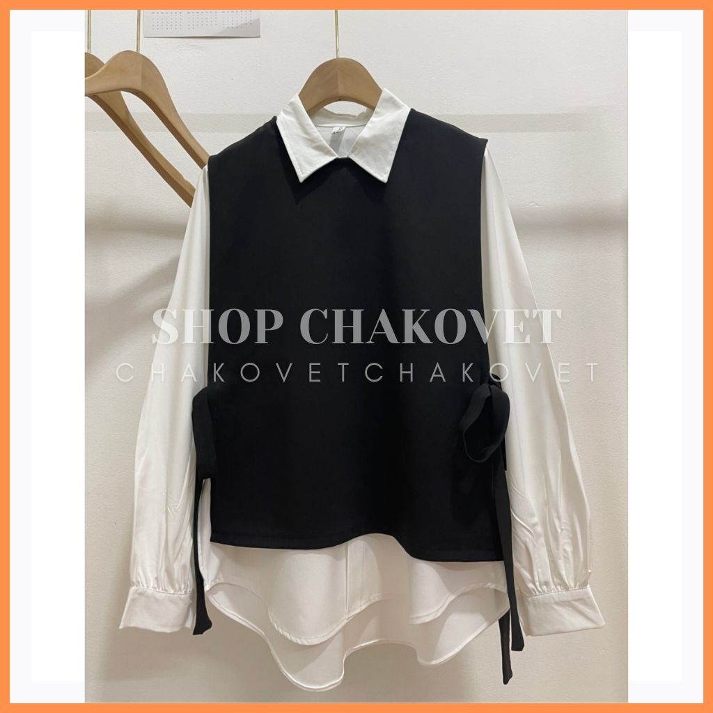 Set áo sơ mi nữ dài tay kèm áo Gile S8141, kiểu sơ mi trắng Mix với Gile đen xẻ tà 2 bên buộc nơ cá tính freesize<55kg