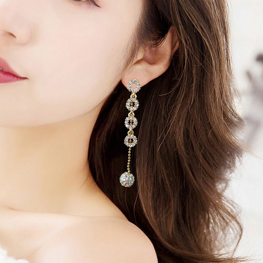 Đôi Khuyên Tai DàI PhốI Quả CầU ĐíNh Kim Cương Giả ThờI Trang Cho Nữ