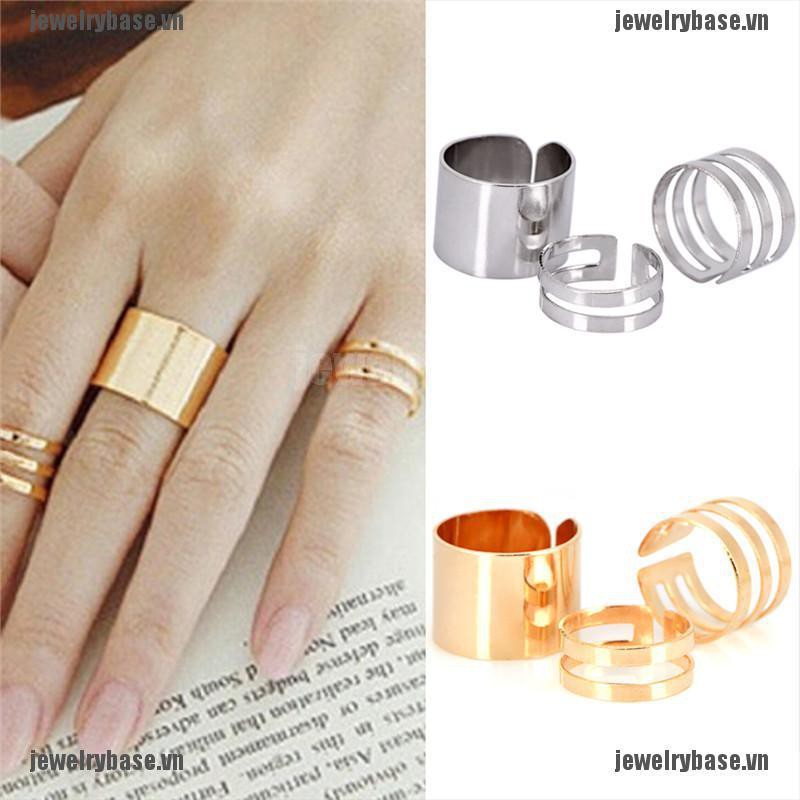 [Base] 3Pcs/Set Punk Stack Plain Band Knuckle Midi Mid Finger Open Rings Set Jewelry [VN]