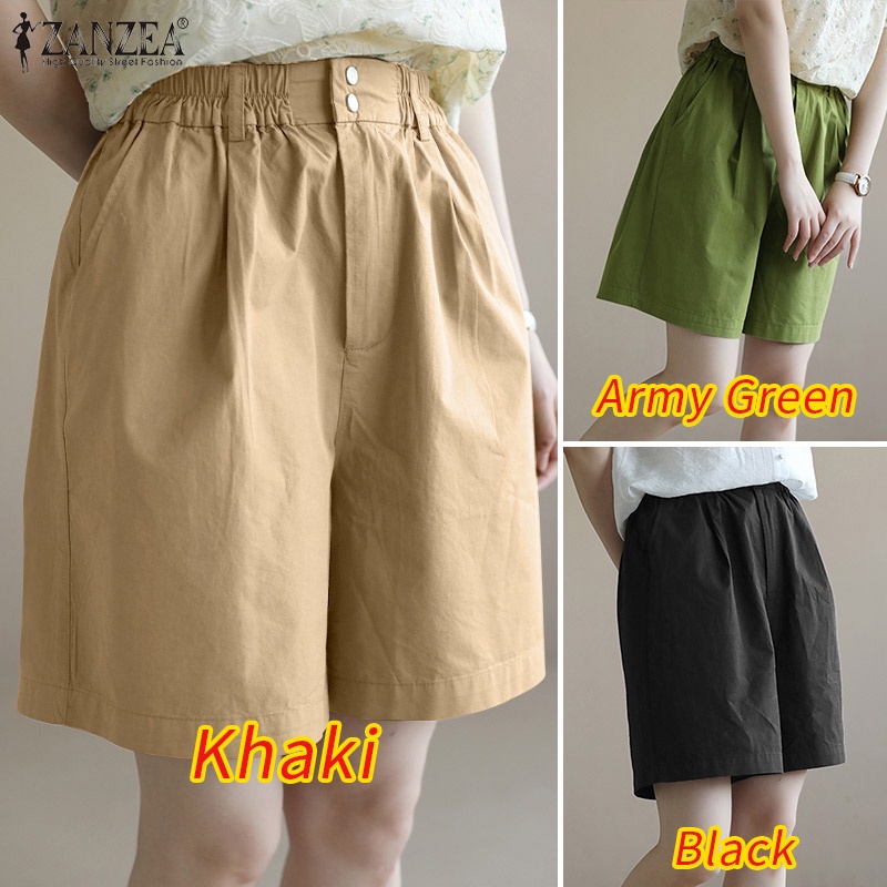 Quần đùi ZANZEA ống rộng lưng thun màu trơn đơn giản phong cách Hàn Quốc cho nữ