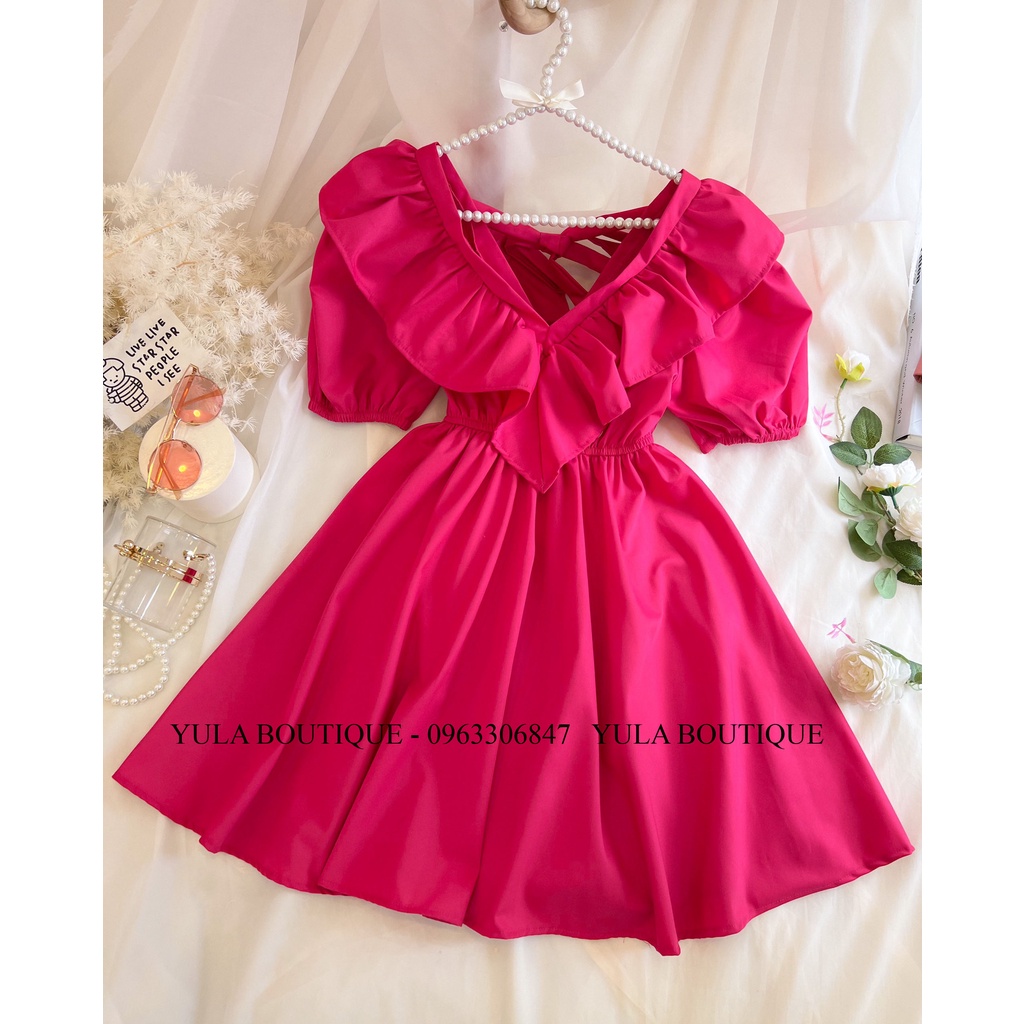 Váy babydoll nữ, tay phồng tiểu thư, bèo cánh tiên, chun eo, có thắt nơ sau | BigBuy360 - bigbuy360.vn