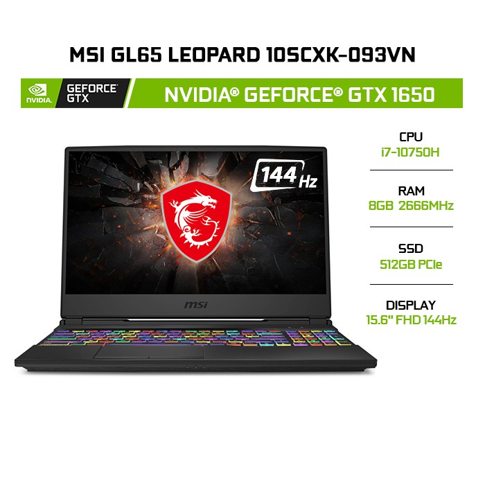 Laptop MSI GL65 Leopard 10SCXK-093VN GTX1650 i7-10750H 8GB 512GB15.6"144Hz W10