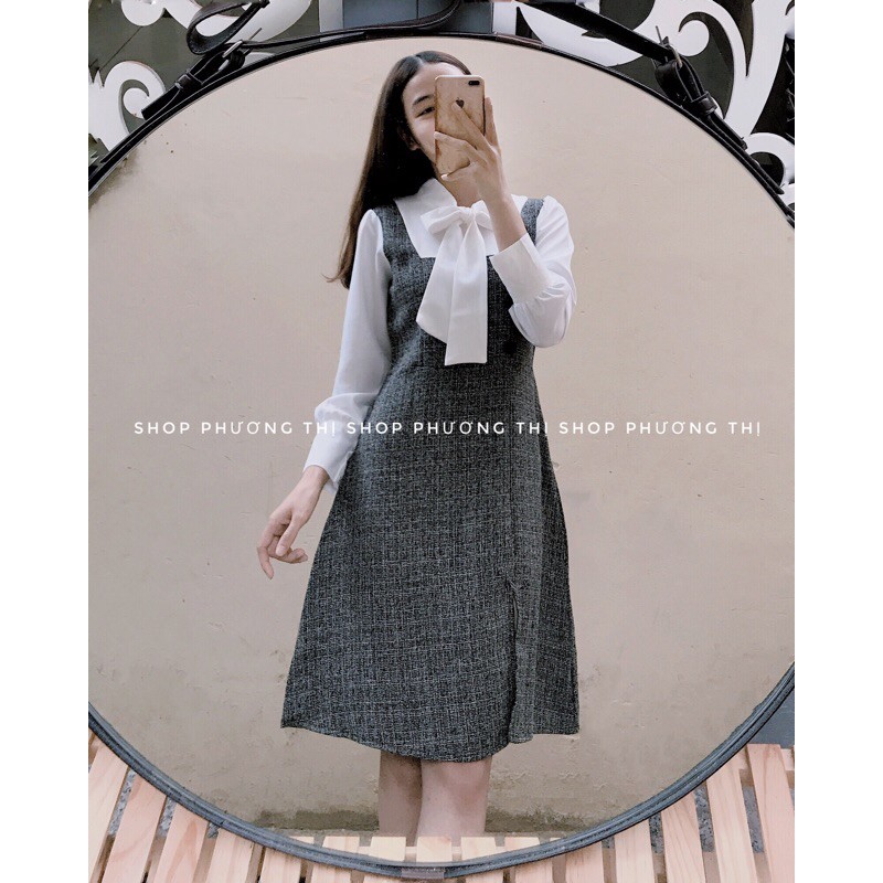 [Mã FAGREEN1505 giảm tới 30K đơn 99K] Váy dạ pha tay sơmi thiết kế nơ cổ siêu sang (có hình thật/video/sẵn) | BigBuy360 - bigbuy360.vn