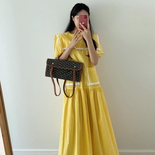 ☞Đầm Dài Tay Ngắn Cổ Thủy Thủ Phối Hai Túi Màu Sắc Tương Phản Phong Cách Hàn Quốc Dành Cho Nữ