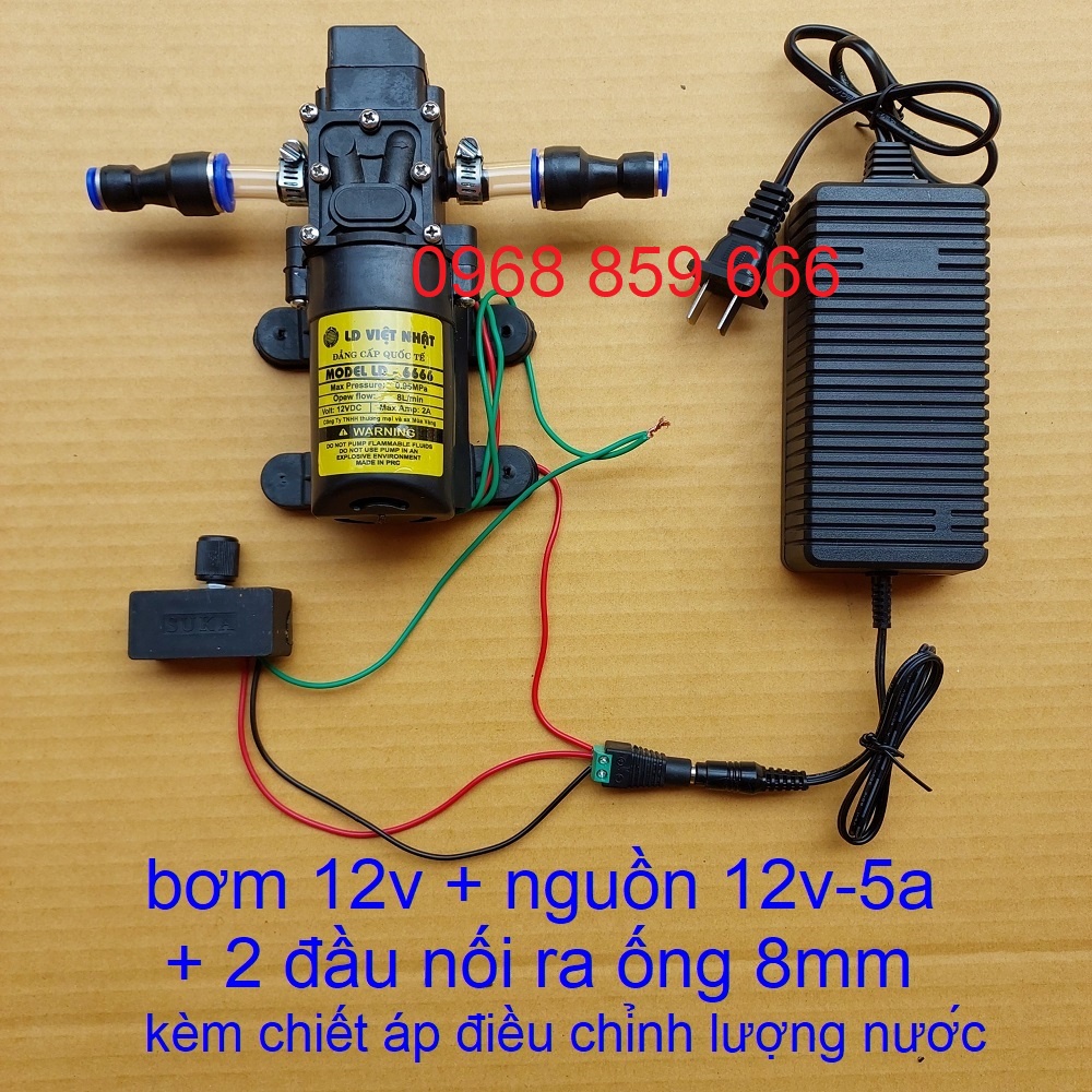 máy bơm phun sương - máy bơm tăng áp mini (combo bơm 12v + nguồn + 2 chuyển ra ống 8mm + chiết áp)