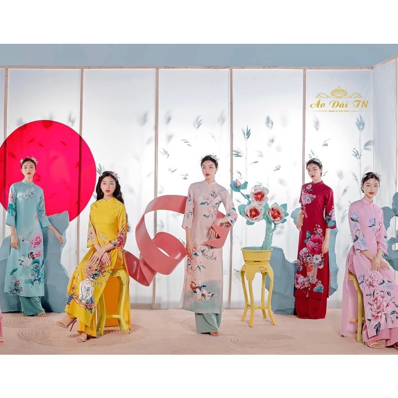 Áo dài cách tân 4 tà Hà Cúc 5 màu đỏ,vàng,xanh,kem sang trọng thiết kế họa tiết tỉ một sắc nét