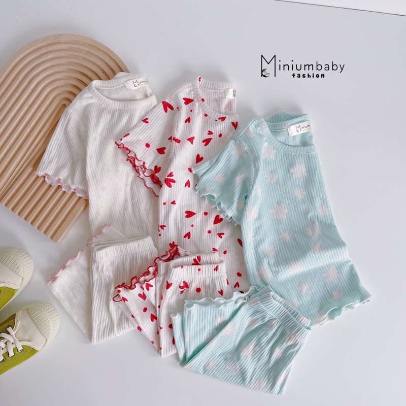 Bộ cotton gân viền bèo Minium vải mềm mát cho bé gái