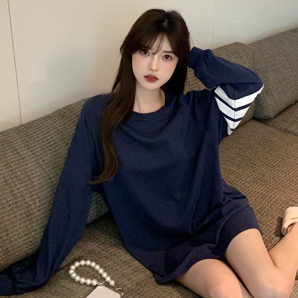 Áo thun COZOK tay dài dáng rộng màu tương phản phong cách Hàn Quốc dễ phối đồ