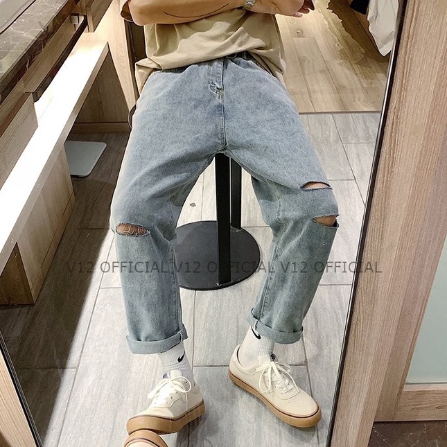 Quần jeans rách gối phong cách Hàn Quốc , ống đứng , form baggy không phai màu , hiphop V2 | BigBuy360 - bigbuy360.vn