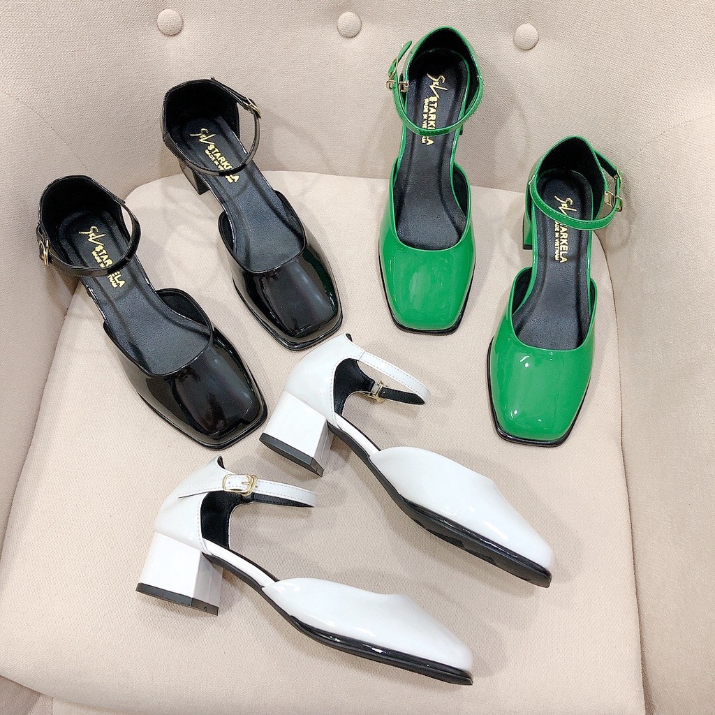 Sandal nữ 3p mũi vuông hậu bít khóa cài chất da bóng mềm đi cực xinh - Chị Chảnh Store