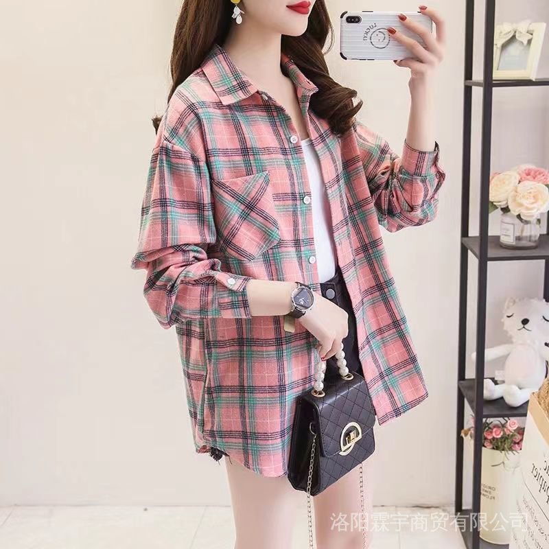 Áo Sơ Mi Cotton Dáng Rộng Kẻ Sọc Caro Phong Cách Hàn Quốc Thời Trang Cho Nữ J88M