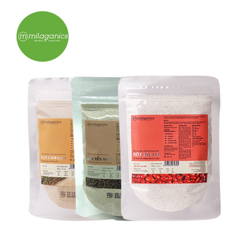 Combo tẩy da chết Bột cám gạo 100g & Bột đậu đỏ 100g & Bột yến mạch Milaganics 100g | BigBuy360 - bigbuy360.vn