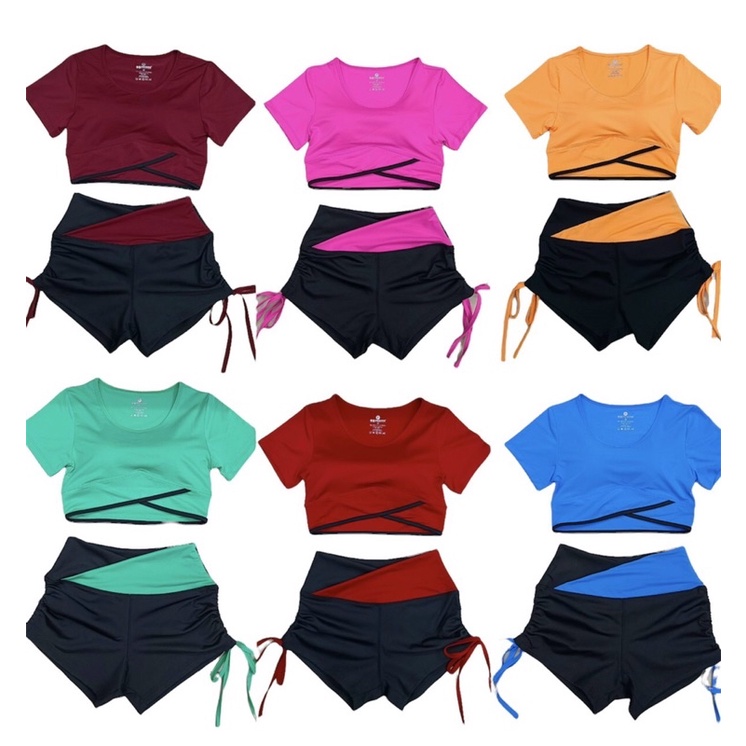 Set bộ đồ tập áo croptop vạt chéo quần đùi rút dây cạp V phối màu tập gym,yoga,nhảy Zumba, aerobic,đi bơi đi biển nữ