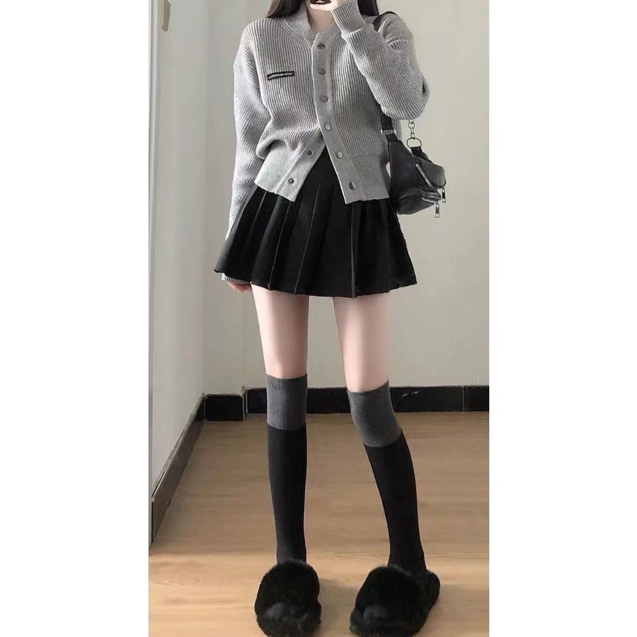 Set Áo Khoác Cardigan Dệt Kim + Chân Váy Xếp Ly Phong Cách Retro Hong Kong Thời Trang Thu Đông Mới Cho Nữ