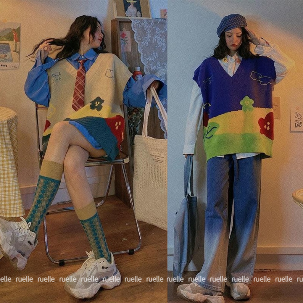 Bộ áo sơ mi tay dài và áo khoác sweater không tay in màu tương phản kiểu dáng cổ điển cho nữ