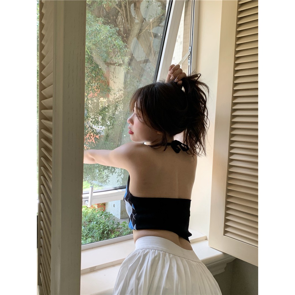 Cocory vn Áo Hai Dây Dệt Kim Hoạ Tiết Kẻ Caro Gợi Cảm Thời Trang Mùa Hè Cho Phụ Nữ