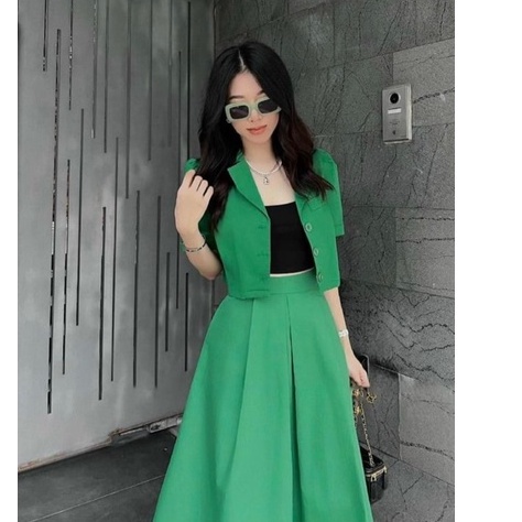 váy thiết kế ,Set Váy Nữ Áo Vest crotop mix Chân váy xếp ly dài