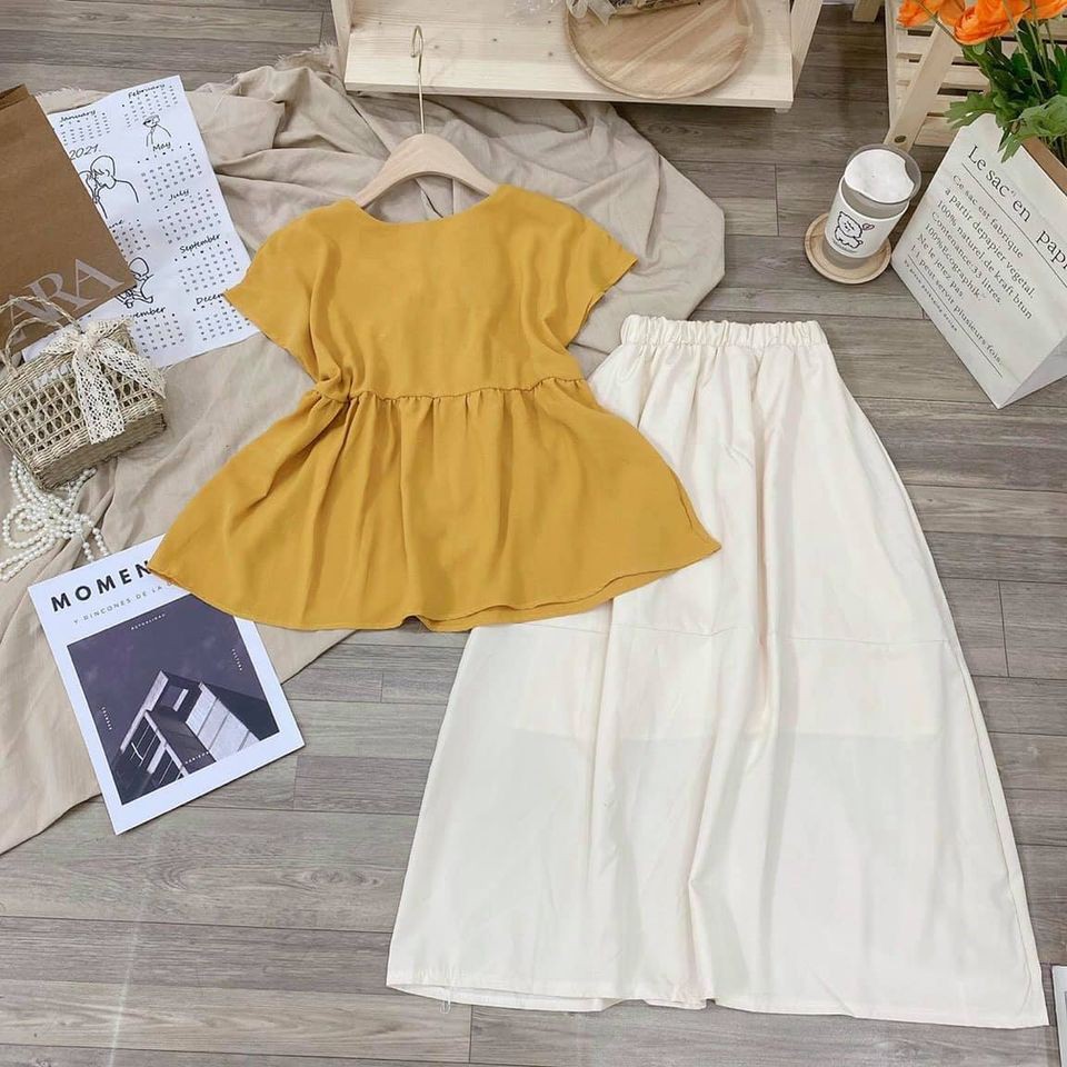 Set áo babydoll nơ kèm chân váy dài có lót như hình