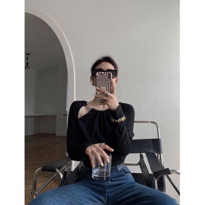 Áo kiểu tay dài nữ dây xích yếm cổ cut out khoét vai len gân trơn ôm sát body thiết kế - Order taobao quảng châu
