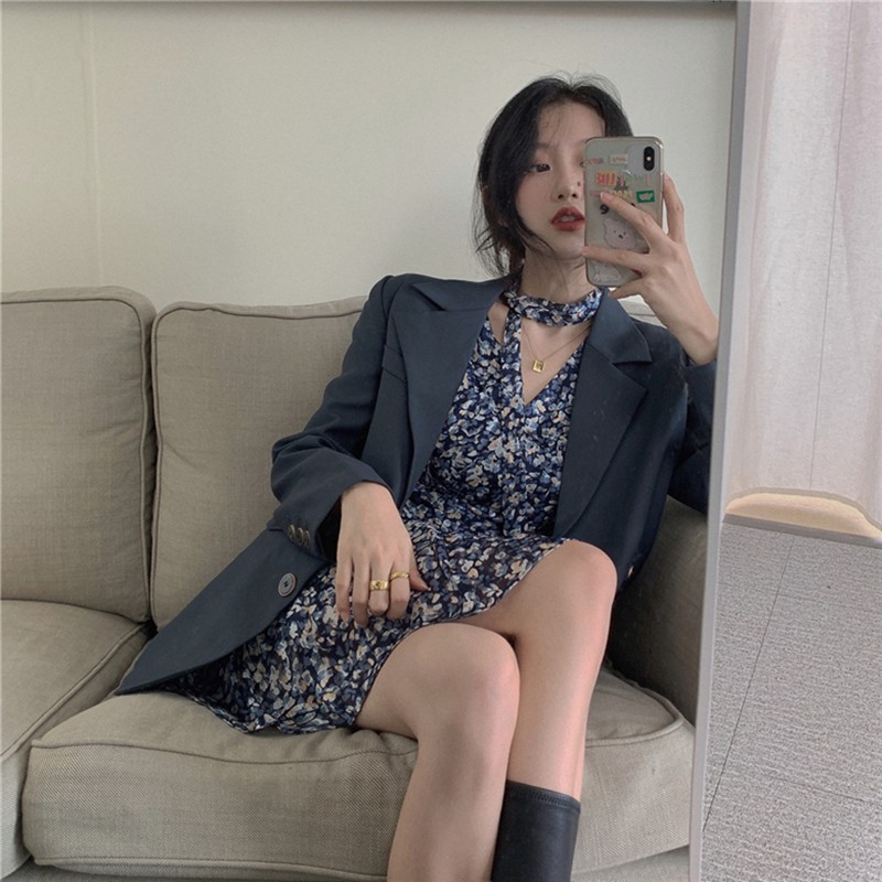 (ORDER) Váy hoa nhí dài tay cổ V xòe ngắn kèm dây thắt nơ sang trọng style retro Hàn Quốc