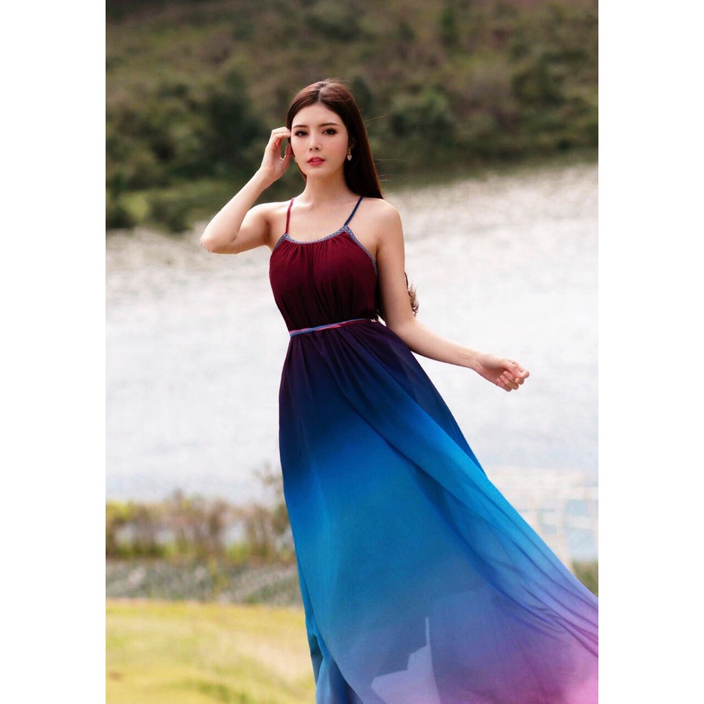 Đầm maxi đi biển loang màu cổ yếm hở vai có mút ngực thả dáng xinh đẹp phong cách thời trang XUKA-DRESS MT017