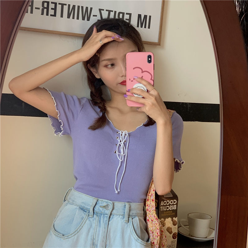 Áo nữ BH dệt kim tay ngắn phối dây thời trang