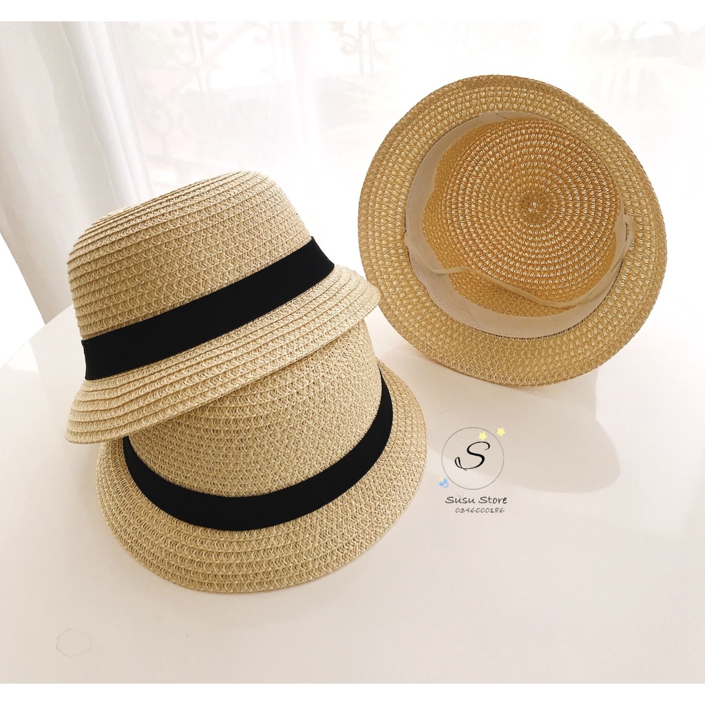 Mup 128: Mũ cói đai đen cho bé từ 9m-36m