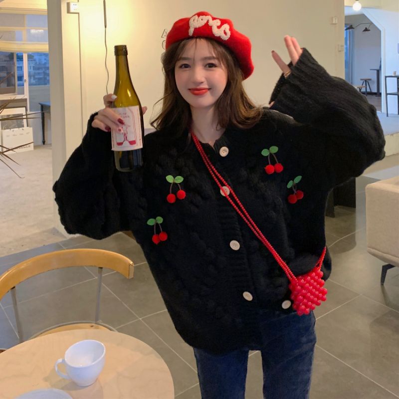 Áo Khoác Cardigan Len Đan Hình Quả Cherry 🍒 Siêu Dễ Thương Phong Cách Hàn Quốc