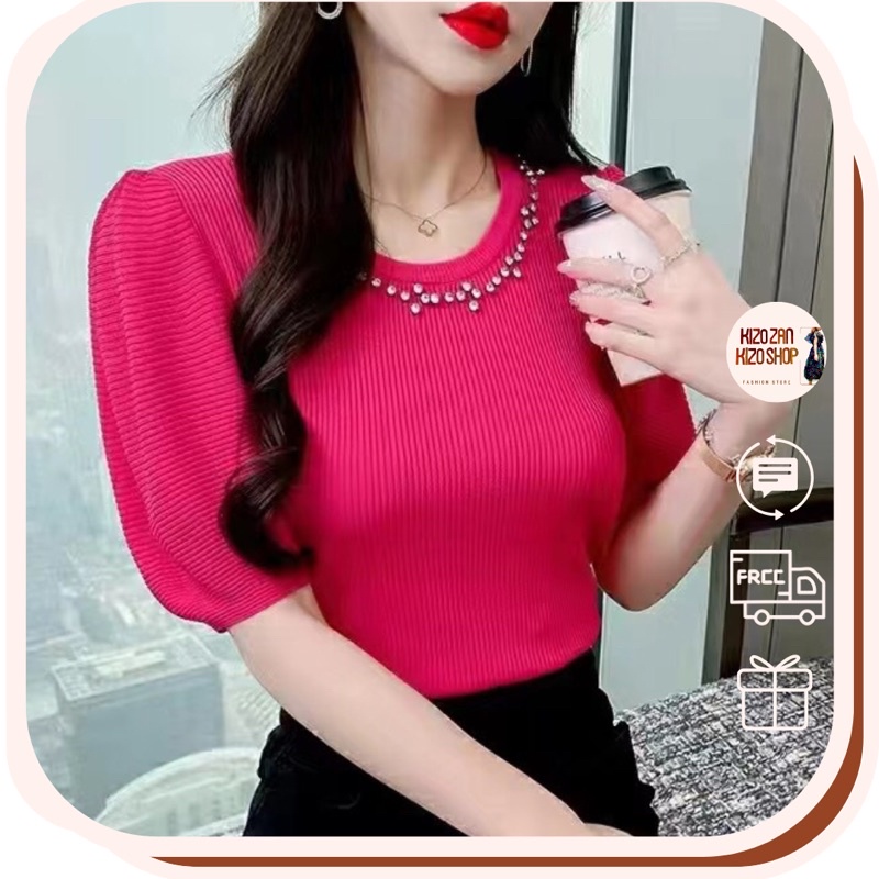Áo len nữ cổ tròn đính đá tay ngắn hàng Quảng Châu, áo tay phồng nữ trơn basic sang chảnh 69013