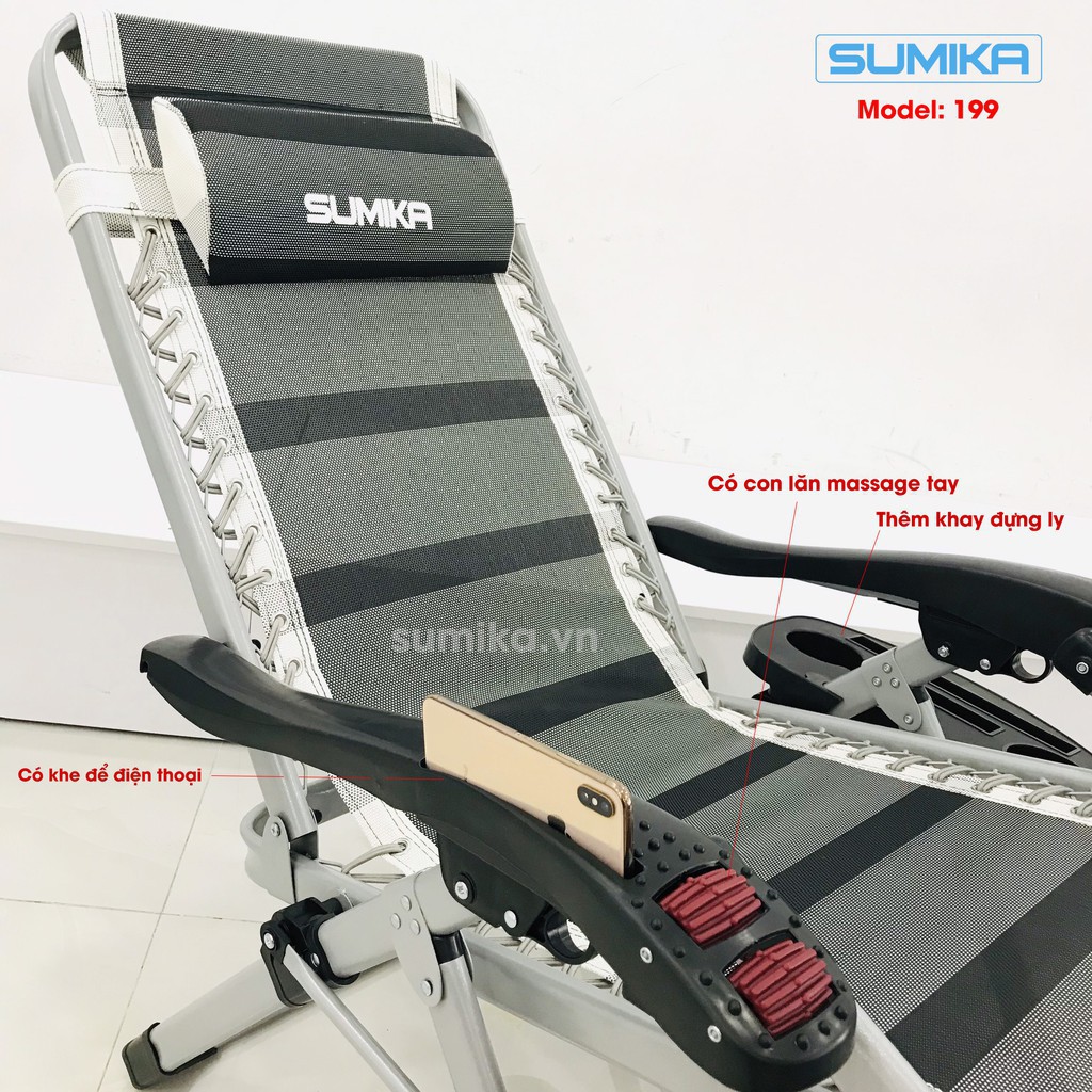 Ghế xếp thư giãn SUMIKA 199 - Mẫu mới nhất 2020, lăn tay massage, khung vuông cao cấp, tải trọng 300kg