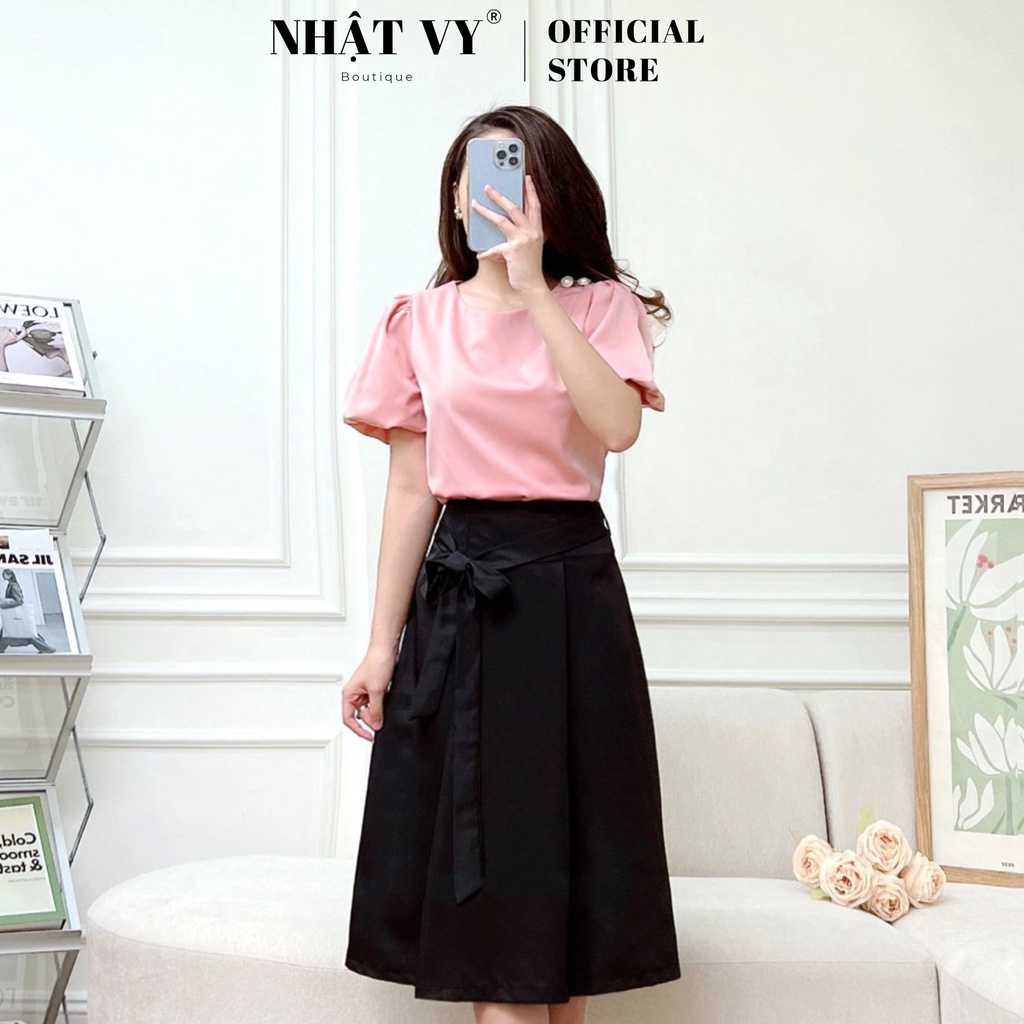Chân Váy Dài Công Sở NHẬT VY Phối Dây Thắt Nơ Phù Hợp Đi Chơi , Cafe Chất Cotton Màu Nude, Xanh, Đen - D2463