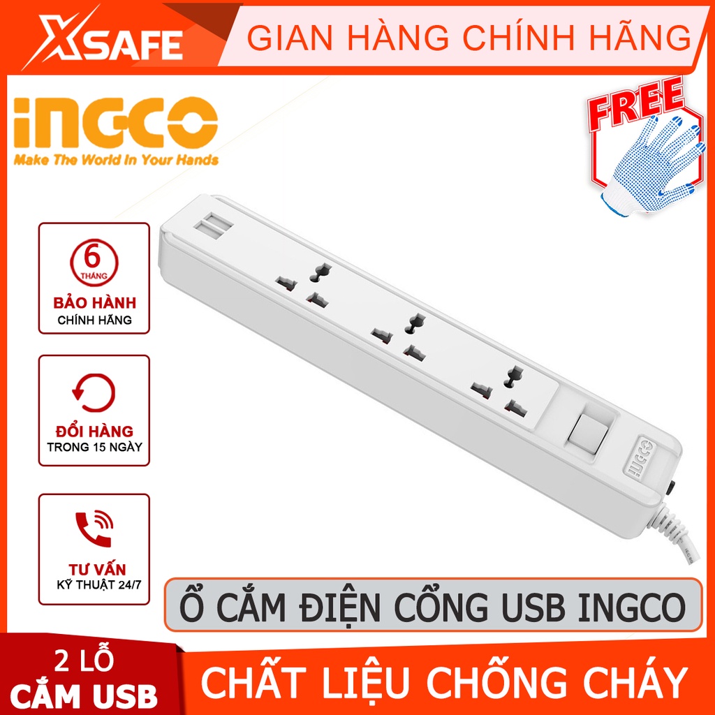 Ổ cắm điện ba chấu INGCO HES13041VSB Ổ cắm điện 3 ổ cắm mở rộng, 2 lỗ cắm cáp USB, chất liệu chống cháy, bảo vệ quá tải