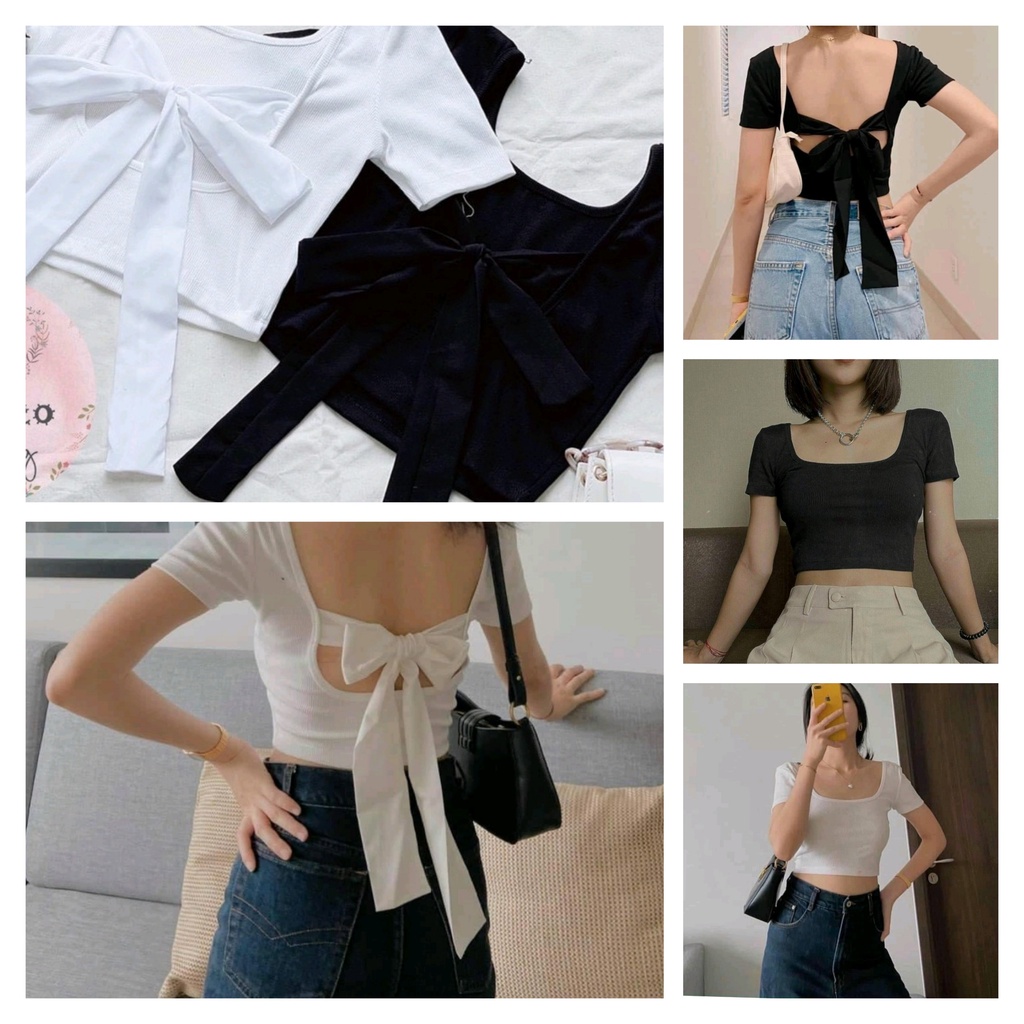 [ Chuyên Sỉ ] Áo Croptop tay ngắn cột nơ sau siêu xinh - chất thun coton mềm mịn co dãn tốt