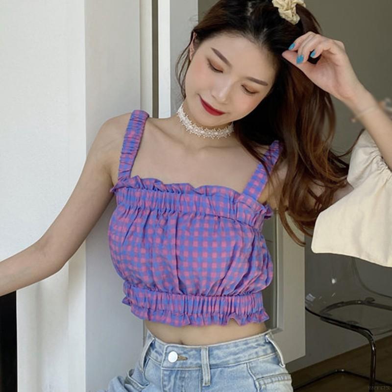 Áo 2 dây hở rốn dáng ôm họa tiết sọc caro thời trang cho nữ | BigBuy360 - bigbuy360.vn