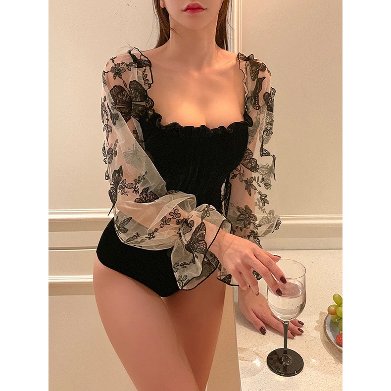 Mẫu mới 2023 Bikini Hàn Quốc đen một mảnh tay bồng đính hoa bướm cột dây lưng tiểu thư sang chảnh, đồ bơi