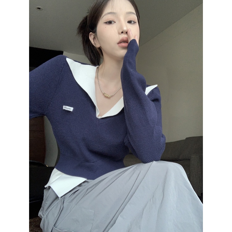 「MOTEL7」Áo Sweater Giả Hai Mảnh Tay Dài Cổ Chữ V Giả Sáp Ngắn Mềm Mại Ngọt Ngào Cao Cấp Cho Nữ S