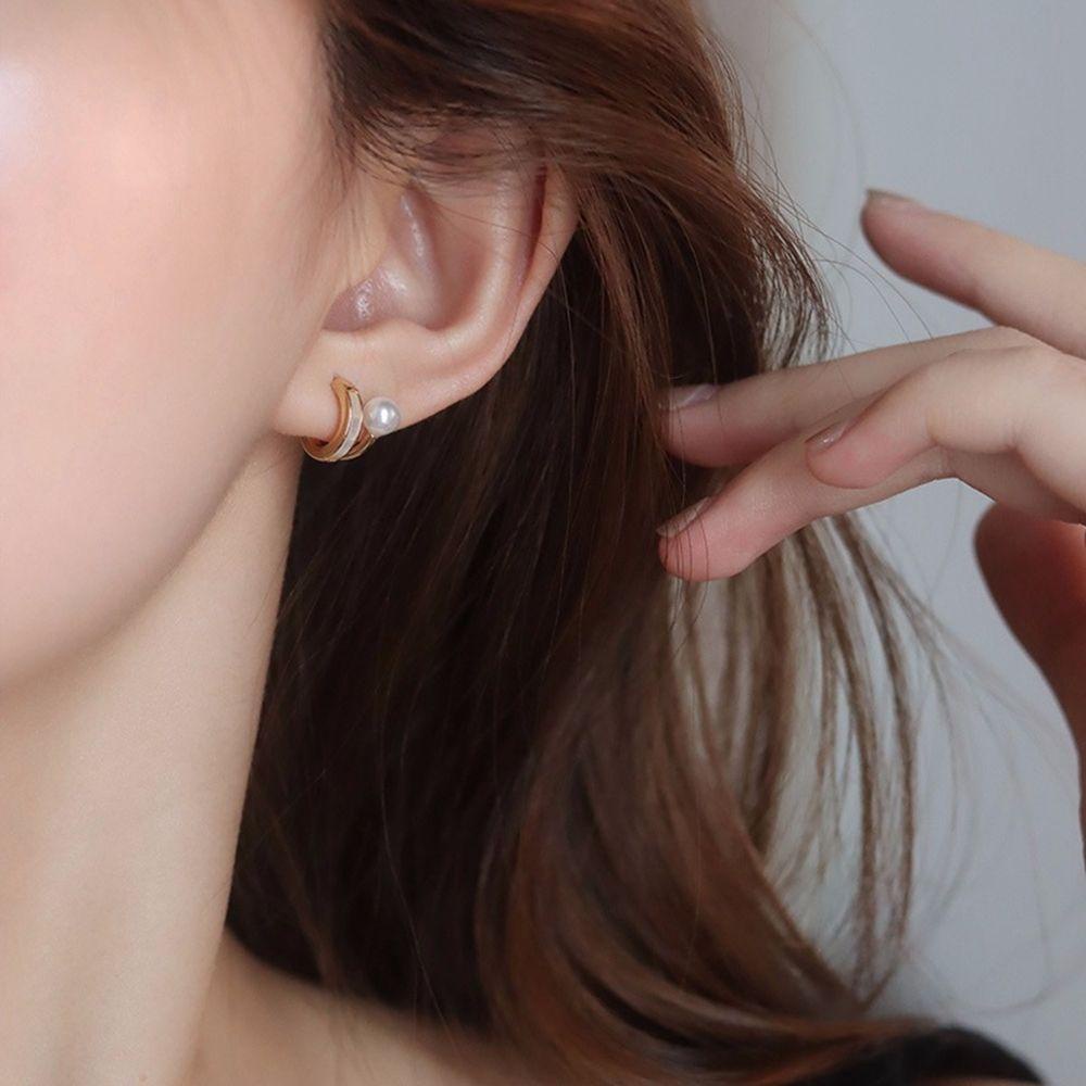 Khuyên Tai Hình Chữ C Hai Lớp Đính Ngọc Trai Tinh Tế Phong Cách Hàn Quốc