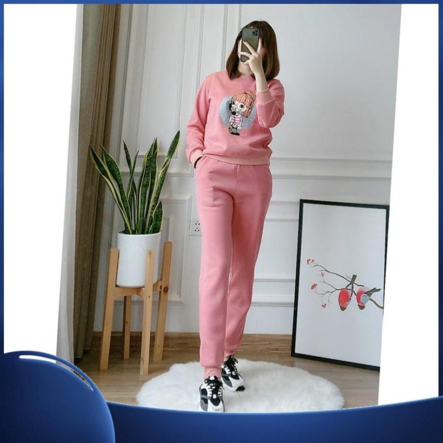 [2021] Bộ Thể Thao Nữ Thu Đông, Bộ Nỉ Bông In Hình Cô Gái Chất Nỉ Lót Lông Dày Dặn Hàng Quảng Châu C