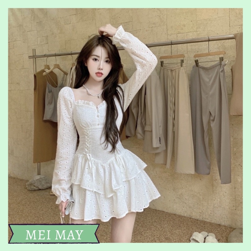 (SẴN SM) Đầm xô tầng tay dài eo đan dây