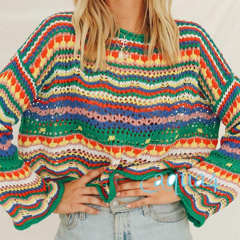 ANANA-Women Loose Style Sweater, Variegated Color Long Flared Sleeves Round Collar Knitwear