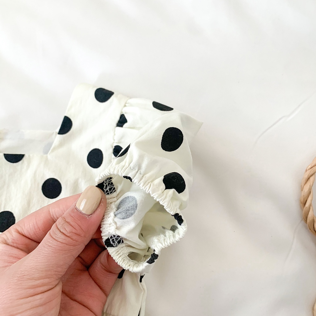 Set áo liền quần + băng đô nơ hoạ tiết chấm bi cho trẻ sơ sinh