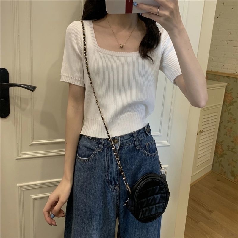 Áo Thun Tay Ngắn Cổ Vuông Màu Trắng Thời Trang Mùa Hè Xinh Xắn Cho Nữ