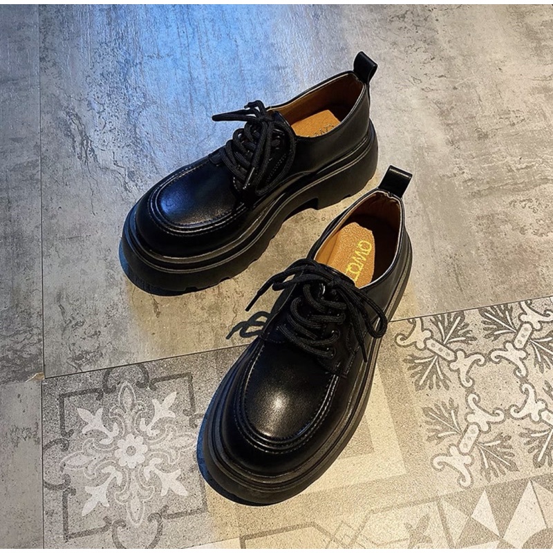 N24SẴN Giày búp bê Oxford lolita ulzzang độn đế bánh mì mũi tròn da trơn bóg nhẹ dây da PU siu xinh