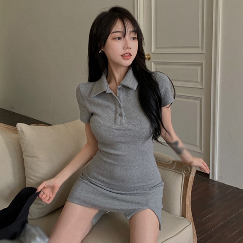Đầm ngắn cổ polo màu trơn thiết kế thời trang mùa hè cho nữ 2021